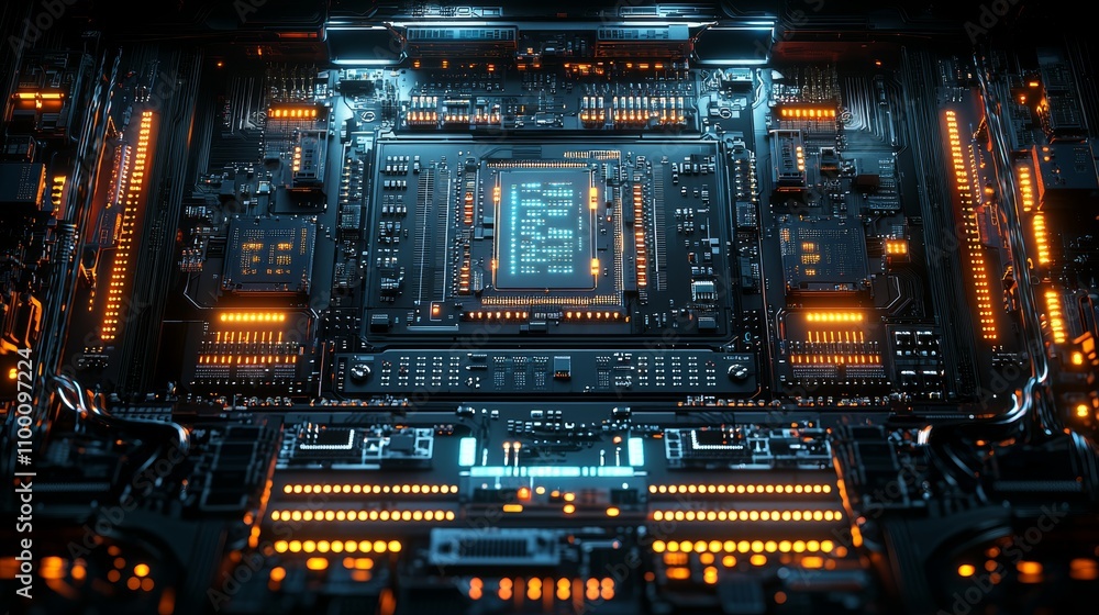 Poster high-tech factory with robotic arms in action
