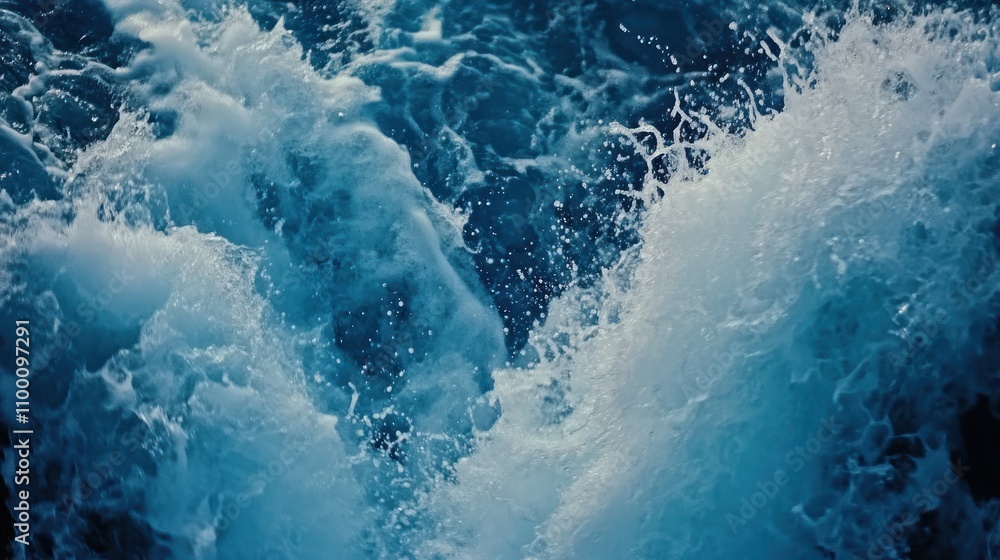 Poster a close-up of turbulent ocean waves creating dynamic splashes and frothy textures.