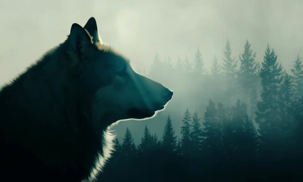 Double exposure of a wolf silhouette and a foggy forest creating an artistic image