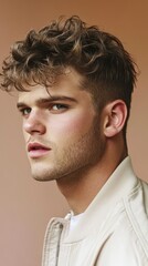 Naklejka premium Portrait of a Young Man with Curly Brown Hair and a Beige Jacket, Studio Shot, Fashion Photography