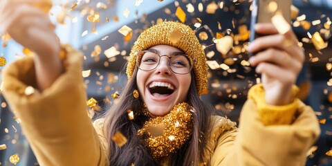 Celebratory moment of joy urban cityscape young woman's victory golden confetti exuberant atmosphere