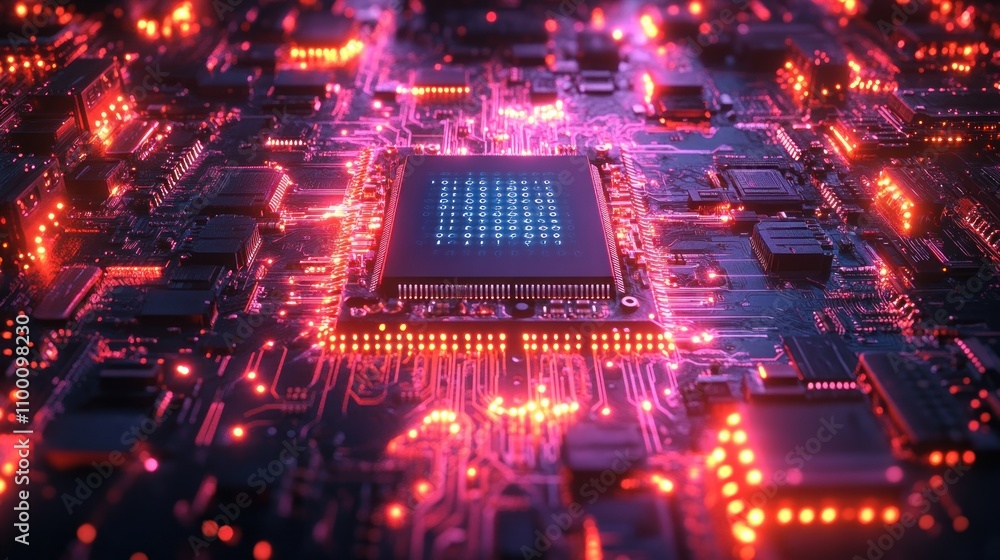 Poster a close-up view of a futuristic circuit board illuminated with glowing elements.