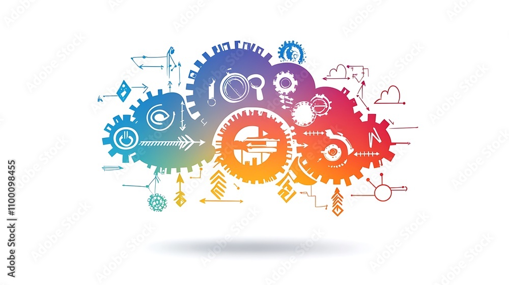 Poster abstract colorful gears interconnected in cloud shape
