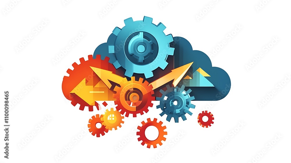 Poster colorful gears interconnected within a cloud representing synergy