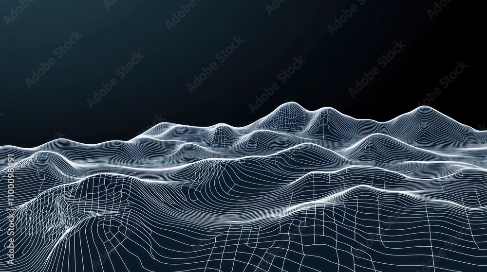 Poster abstract representation of undulating waves in a digital landscape.