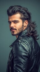 Fototapeta premium Portrait of a Man with Long Hair and Leather Jacket, Stylish Hairstyle and Mysterious Gaze