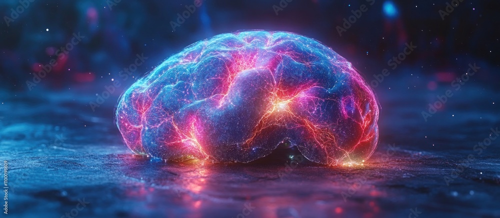 Poster a glowing, abstract representation of a brain with vibrant colors and intricate patterns.