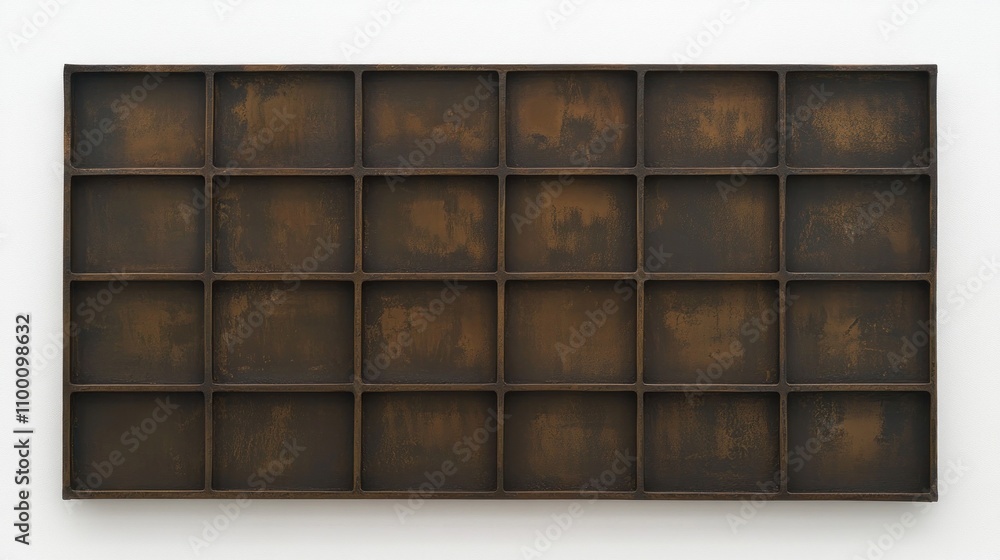 Poster a rectangular grid of empty compartments with a textured, rust-like finish.