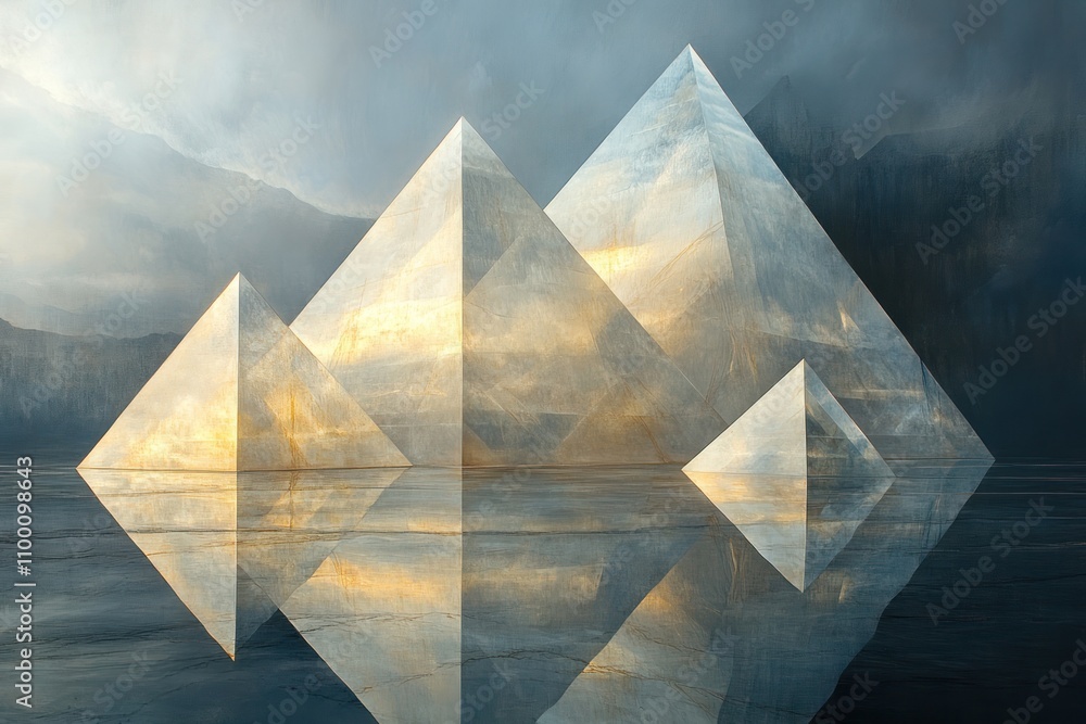 Aufkleber abstract pyramids reflecting on water, creating a serene and mystical atmosphere.