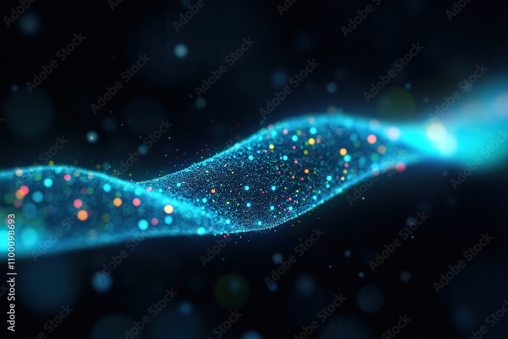 Poster A vibrant wave of blue light sparkles with colorful particles, creating a dynamic and mesmerizing effect against a dark backdrop.