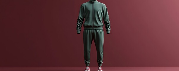 Crisp and modern 3D illustration of a Men's forest green sport tracksuit on burgundy backdrop