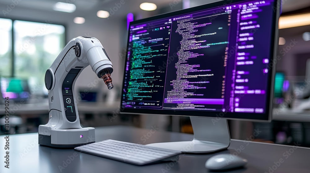 Poster ai-powered robotic device at modern desk setup