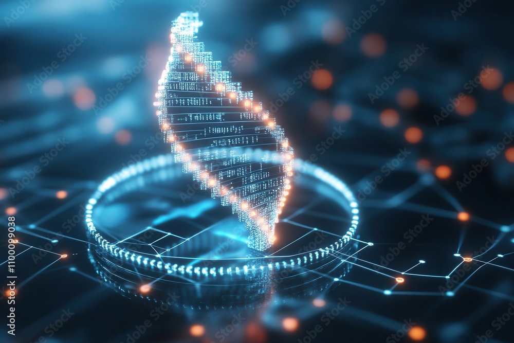 Poster A glowing, digital DNA strand is centered on a circuit-like background, symbolizing biotechnology and advanced technology.