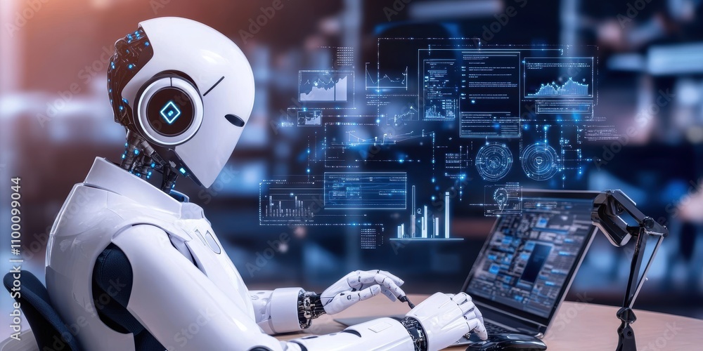 Poster advanced ai technology in action expert robot analyzing data in a modern office environment