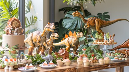 Colorful dinosaur-themed dessert table with various treats and decorations, perfect for a children's party.