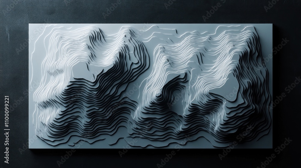 Poster abstract relief artwork featuring layered lines creating a textured landscape.