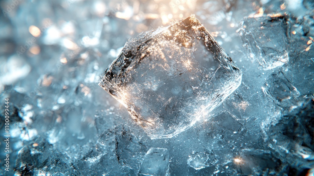 Poster a close-up of a clear ice cube surrounded by smaller ice fragments.