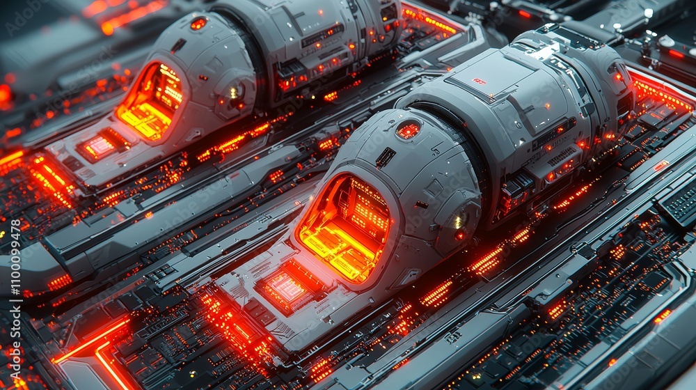 Poster futuristic robots in high-tech industrial setting