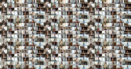 Lot of people, different race and generation, young and mature men and women faces, footages collage view. Worldwide communication using modern tech, business and personal talk remotely by videocall