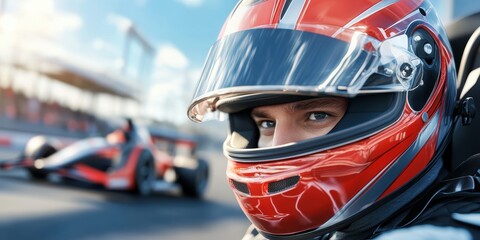 Intense racer driving on the track competitive event motorsports outdoor close-up performance focused