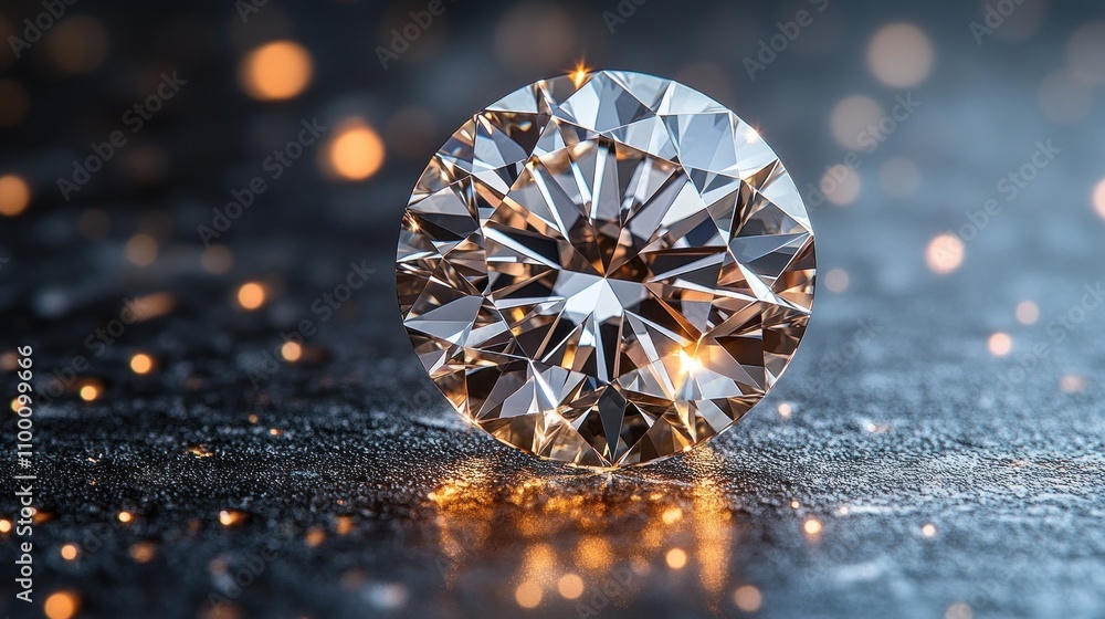 Poster a sparkling diamond on a textured surface, illuminated by soft light and reflections.