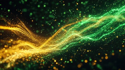 Fototapeta premium Abstract digital art featuring swirling golden and green particles on a dark background.