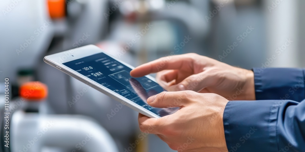 Poster smart industry control action tablet use in factory environment for process optimization and technol
