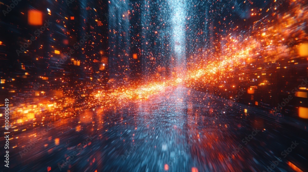 Poster a dynamic, abstract representation of light and movement in a futuristic environment.