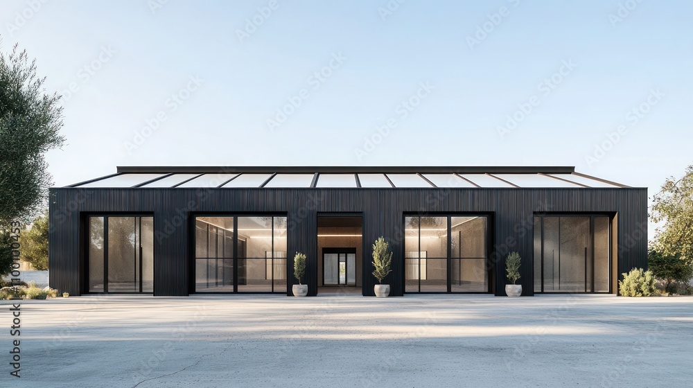 Poster modern architectural structure with large glass windows and minimalistic design.