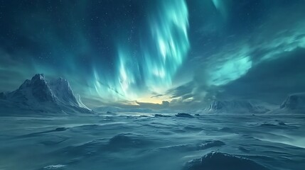 Fototapeta premium Aurora borealis glowing above a snowy tundra