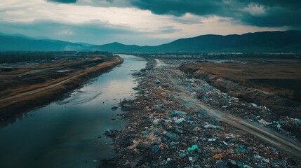 Aerial view of polluted river bordered by extensive waste near the mountains at dusk