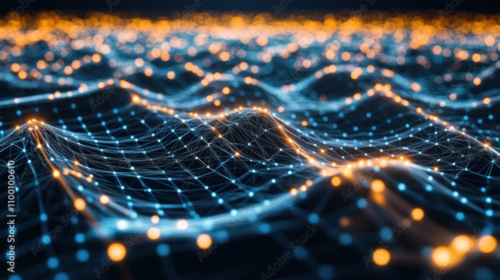 Poster abstract digital landscape with glowing nodes and lines representing data connectivity.