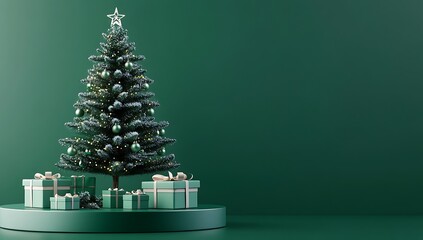Fototapeta premium Minimalistic Christmas Podium with Green Christmas Trees and Gifts in Retro 80s Design Featuring Dark Background and Green Palette