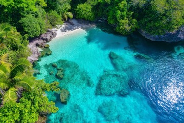 Aerial view of a vibrant coral reef blending blues and greens with crystal-clear water.