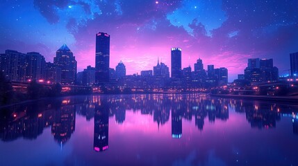 A vibrant city skyline reflecting in water under a starry night sky.