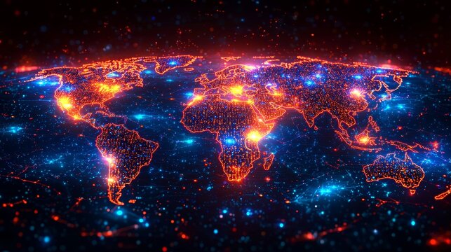 Glowing Binary Code World Map Illustration