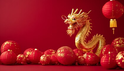 Obraz premium A golden dragon figurine surrounded by red lanterns on a red background, symbolizing celebration.