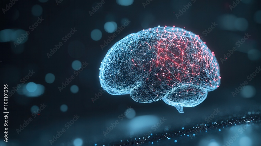 Aufkleber A glowing, digital representation of a brain, interconnected with lines and dots, symbolizing neural networks and technological advancement.