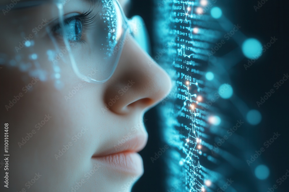 Poster a close-up of a young person with glasses, gazing intently at a digital interface filled with glowin