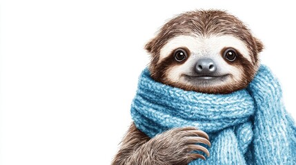 Fototapeta premium Cute Sloth with Blue Scarf Watercolor Sticker Art