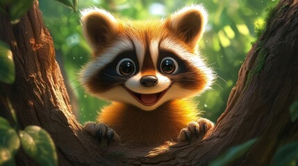 Fototapeta premium A cute cartoon raccoon peeking from a tree with a joyful expression in a lush forest setting.