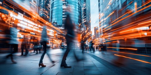 Dynamic trade show scene urban city business people in motion evening lights fast-paced environment