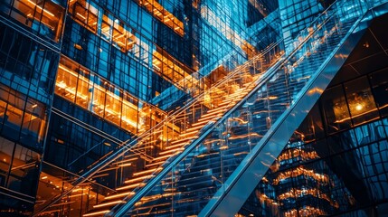 Obraz premium Illuminated glass staircase design modern skyscraper architectural photography urban environment night view contemporary aesthetics