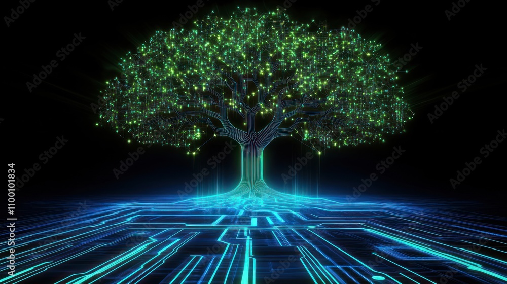 Poster a glowing tree with digital circuitry, symbolizing the fusion of nature and technology.