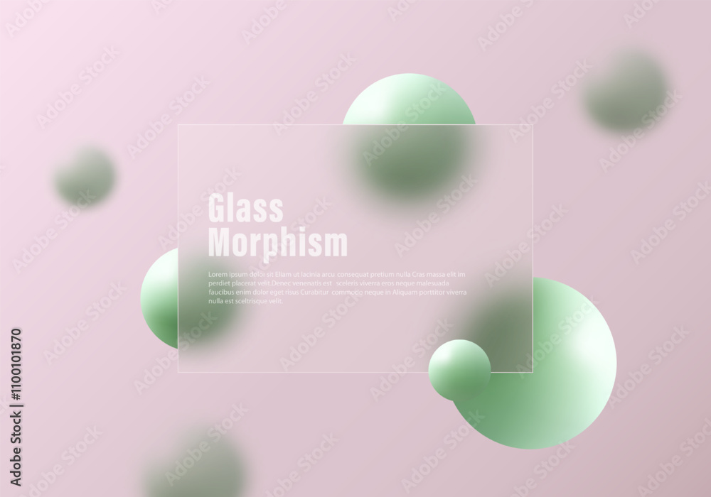 Aufkleber glass morphism website landing page template. frosted glass partition with floating spheres.