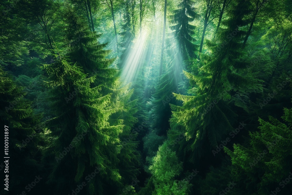 Poster a dense forest viewed from above with sunlight breaking through the canopy in beams