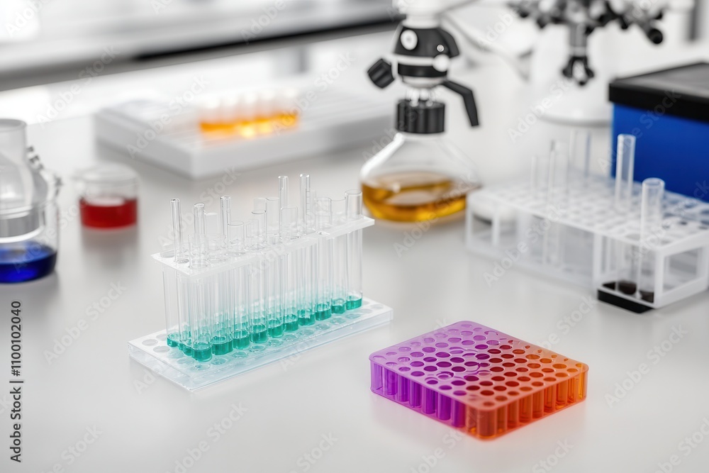 Poster a laboratory setup featuring colorful liquids in test tubes and a micropipette, highlighting a clean