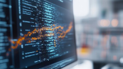 A close-up view of a computer screen displaying dynamic data analytics and programming code with a vibrant graph overlay.