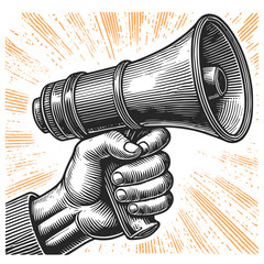 Hand holding a megaphone, amplifying a powerful message for communication, announcement, and spreading news, with a vintage engraved style