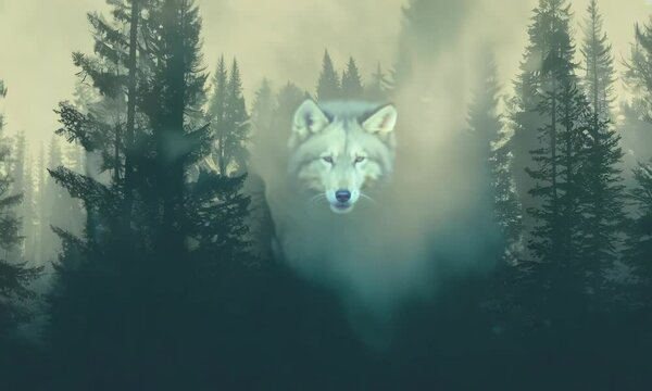 Double exposure of a wolf silhouette and a foggy forest creating an artistic image